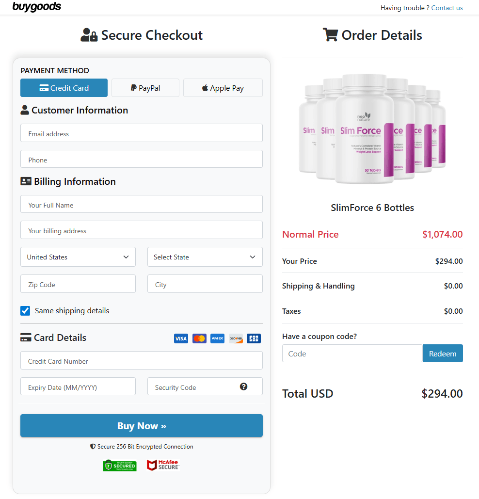 Slim Force secure checkout page